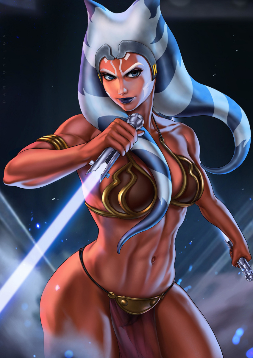 1girls abs absurd_res ahsoka_tano alien alien_girl areolae ass big_ass big_breasts blue_eyes blue_lightsaber breasts clone_wars dandon_fuga female female_only lightsaber loincloth looking_at_viewer orange_skin partially_clothed pelvic_curtain slave_ahsoka slave_bikini slave_leia_(cosplay) solo star_wars the_clone_wars:_season_seven thick_thighs togruta