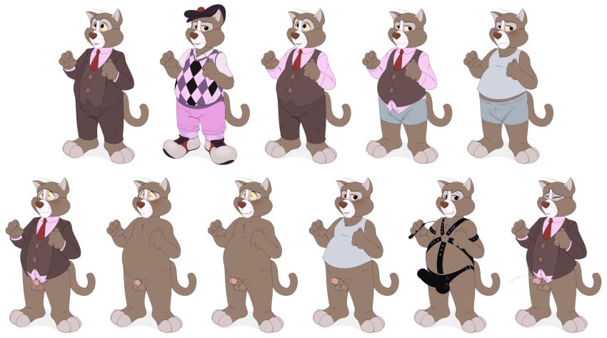 anthro blush bondage_gear bottomless douglas_benson ejaculation embarrassed feline fully_clothed furry gimp_suit golf_outfit grin male male_only necktie neenya nude solo suit tail talespin undressing vest whiskers yellow_sclera