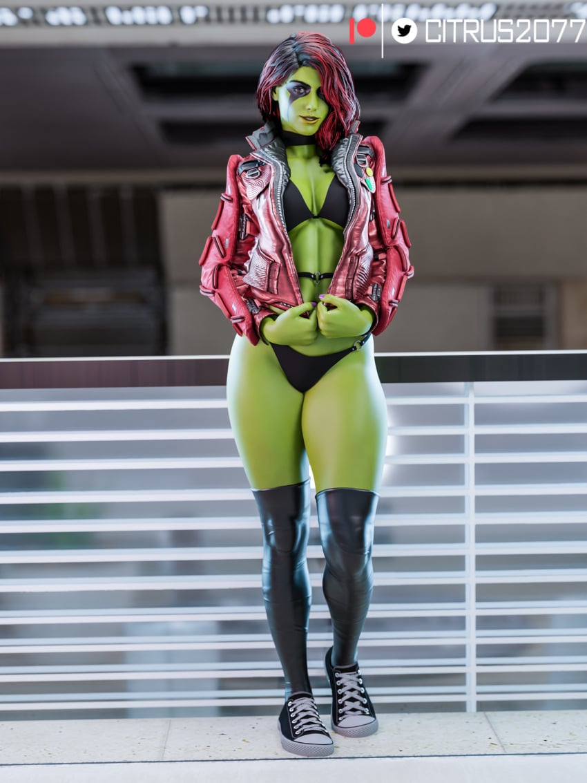 1girls 3d 3d_(artwork) alien alien_girl alien_look_like_human bikini bikini_bottom bikini_top black_hair black_socks blender blender_(software) citrus2077 clothed clothed_female converse converse_shoes eyeshadow female female_only gamora green-skinned_female green_skin guardians_of_the_galaxy guardians_of_the_galaxy_(game) jacket marvel marvel_comics petite pinup pinup_pose purple_hair red_eyes red_hair shoes sneakers socks socks_and_shoes solo square_enix standing tagme thick_thighs thigh_socks thighhighs two_tone_hair voluptuous wide_hips