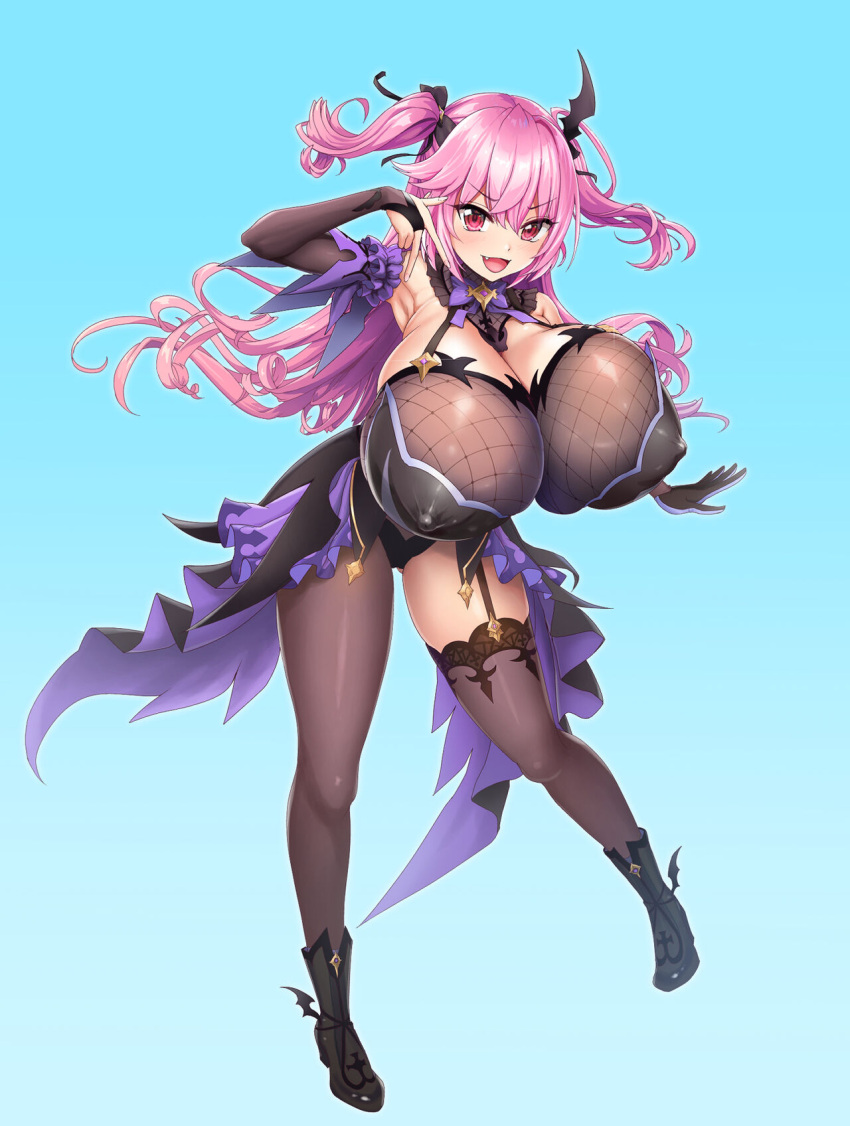 1girls ankle_boots ass_visible_through_thighs asymmetrical_legwear bakunyuu bat_(symbol) big_breasts blush breasts breasts_bigger_than_torso btk cute_fang detached_sleeves erect_nipples_under_clothes frilled_dress frills game_cg gloves gluteal_fold gradient_background hand_gesture highres huge_breasts impossible_clothes long_hair looking_at_viewer luxual_hellmare motto!_haramase!_honoo_no_oppai_isekai_chou_ero_succubus_gakuen! nipple_bulge nipple_outline official_art open_mouth_smile pantyhose pink_eyes pink_hair purple_clothing purple_frill ribbon simple_background skin_tight small_but_busty smug stocking succubus thigh_gap top_heavy_breasts tsurime turquoise_background