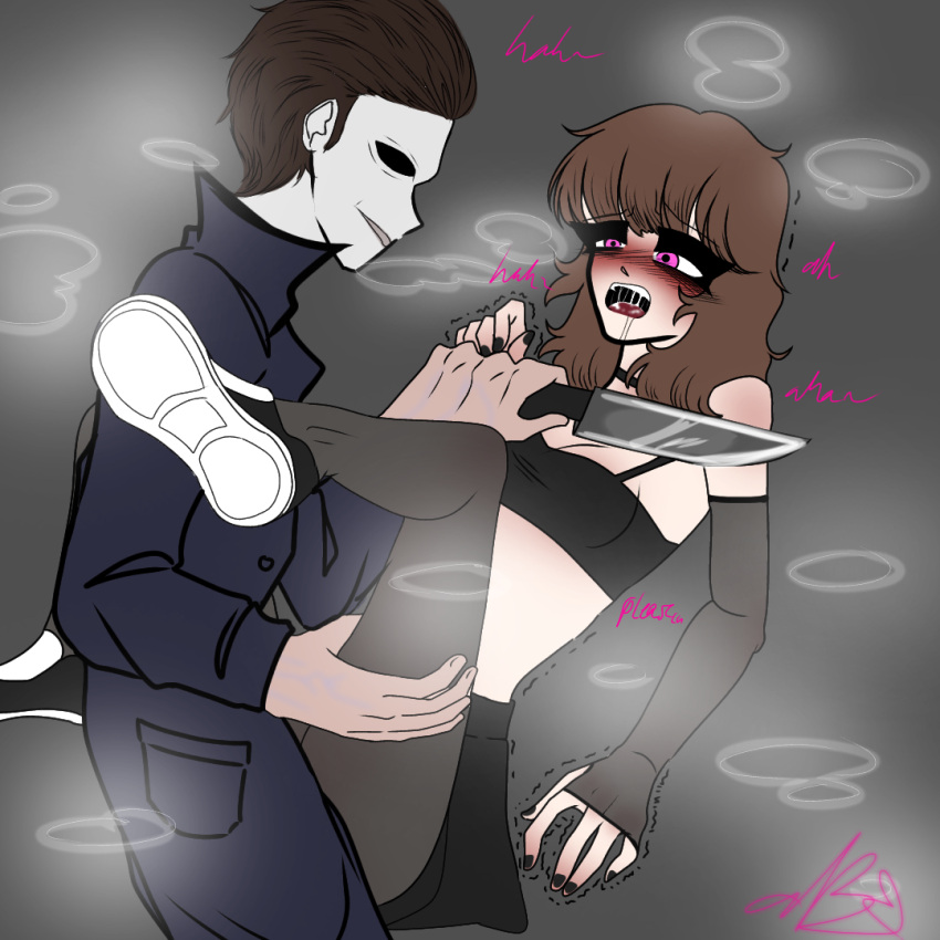 blush brown_hair cnc consensual_non-consent cute_deth cute_deth(artist) cute_deth(character) dead_by_daylight emo_hairstyle goth_girl halloween_(series) horror knife knife_play michael_myers moaning pink_nipples rape_face slasher straight