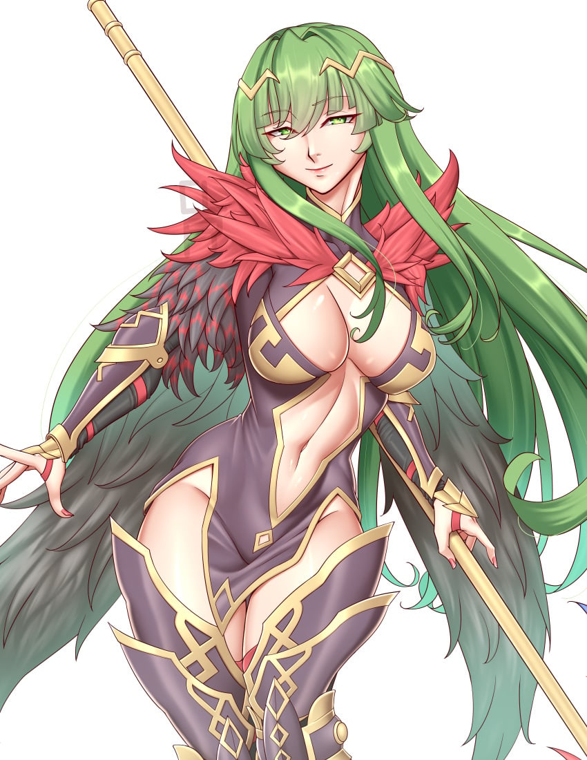 1girls absurdres alternate_costume bare_thighs boots breasts center_opening cleavage cleavage_cutout cleru_(cleruuuuu) clothing_cutout cowboy_shot crown english_commentary feather_trim female female_only fire_emblem fire_emblem_echoes:_shadows_of_valentia green_eyes green_hair groin harrier_(fire_emblem) highres holding holding_polearm holding_weapon large_breasts long_hair long_sleeves looking_at_viewer navel nintendo no_panties palla_(fire_emblem) polearm red_legwear red_nails revealing_clothes simple_background smile solo thigh_boots thighhighs thighs toned very_long_hair weapon white_background