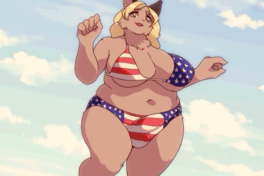 5_fingers american_flag american_flag_bikini anthro big_breasts bikini biped blonde_hair breasts brown_body brown_ears brown_eyes brown_fur bulge cheek_tuft cleavage clothed clothing cloud colored curvy_figure day detailed_background detailed_bulge digital_media_(artwork) ear_piercing ear_stud eyelashes facial_tuft felid feline fingers front_view fur futanari genital_outline gynomorph hair hi_res huge_breasts humanoid_hands intersex kemono long_hair looking_at_viewer mammal monotone_body monotone_ears monotone_fur monotone_hair morokko navel neck_tuft open_mouth outside penis_outline piercing portrait shaded skimpy sky slightly_chubby solo standing stars_and_stripes style_parody swimwear thick_thighs three-quarter_portrait tuft united_states_of_america voluptuous wide_hips