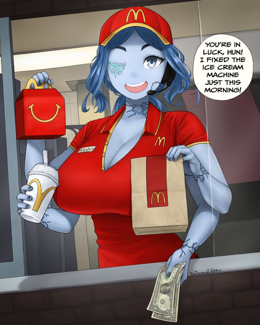 1girls absurdres blue_eyes blue_hair blue_nail_polish blue_nails blue_skin breasts character_name cleavage colored_nails colored_skin dark_blue_nail_polish dismaiden dollars drive_thru elden_ring employee_uniform english_text fast_food fast_food_uniform female food fromsoftware happy_meal headset huge_breasts ice_cream looking_at_viewer mcdonald's microphone money multi_arm multi_limb nails open_mouth polo_shirt ranni_the_witch red_shirt shirt short_sleeves solo text twitter twitter_username unbuttoned unbuttoned_shirt uniform upper_teeth upper_teeth_only