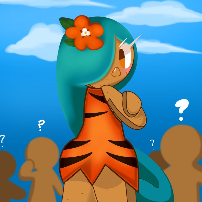 2021 annoyed blue_hair brown_skin cookie_run crossed_arms crowd dress female jungle_girl orange_dress orange_eyes public public_humiliation sound_effects stinkify tiger_lily_cookie