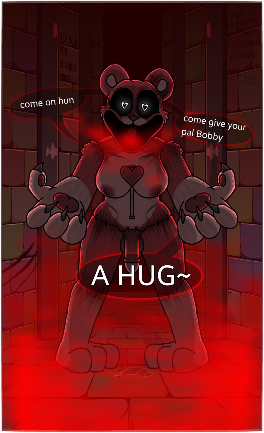 3_toes 4_fingers anthro arm_tuft aroused aureola balls bear black_sclera black_speech_bubble bobby_bearhug bodily_fluids breasts cheek_tuft claws countershade_torso countershading darli_buni dialogue digital_media_(artwork) dripping eyelashes facial_tuft feet fingers fur furry_only futanari genital_fluids genitals gloves_(marking) glowing glowing_eyes gynomorph heart_eyes heart_symbol hi_res intersex leg_markings looking_at_viewer mammal markings multicolored_body nipples no_humans nude open_mouth pawpads paws penis poppy_playtime precum precum_drip puddle red_body red_fur red_smoke shoulder_tuft smile smiling_critters smoke socks_(marking) solo speech_bubble spread_arms stitch_(sewing) talking_to_viewer text toes translucent_speech_bubble tuft white_text zipper