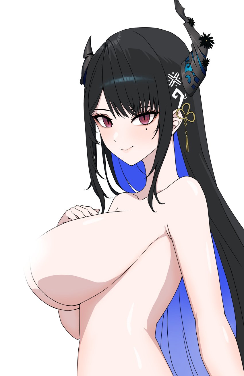 :> asymmetrical_horns beauty_mark black_hair cel_shading censored colored_inner_hair curved_horns dayyo_(daydarion/day-chan) deep_blue_hair evil_eyes female female_only hololive hololive_english hololive_english_-advent- inner_hair large_breasts mole_(marking) mole_under_eye nerissa_ravencroft nude png red_eyes ridged_horns sideboob simple_shading slit_eyes slit_pupils smile solid_color_background solo straight_hair two_tone_hair underboob upper_body virtual_youtuber white_background