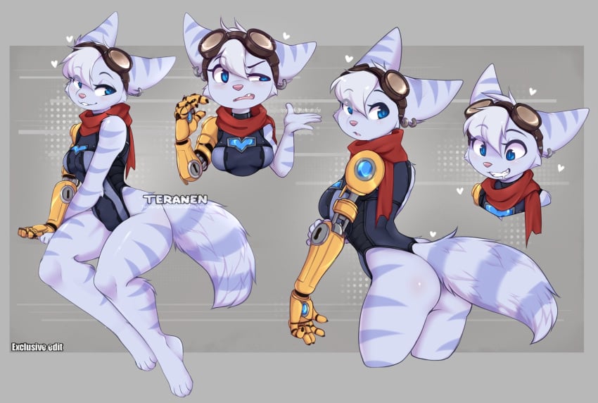 1girls animal_ears anthro ass blue_eyes drooling earrings female female_only fur furry furry_tail glasses_on_head heart hi_res leotard light_blush lombax ratchet_and_clank ratchet_and_clank:_rift_apart rivet_(ratchet_and_clank) robotic_arm scarf smiling solo sony_interactive_entertainment tail teeth_clenched teranen watermark