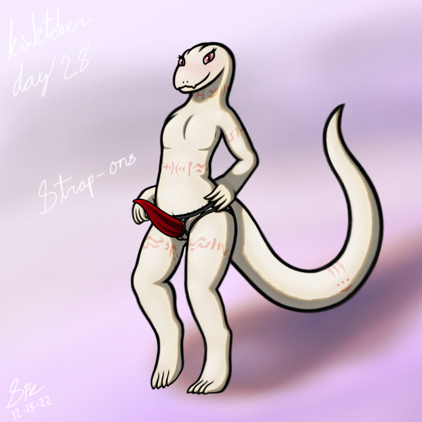 1:1 2022 4_toes 5_fingers absurd_res albino anthro arm_tattoo big_dildo big_tail blush body_blush cel_shading crusch_lulu cute_fangs dated digital_drawing_(artwork) digital_media_(artwork) digitigrade dildo english_text eyelashes featureless_chest feet female fingers flat_chested front_view genitals hand_on_hip hi_res humanoid_hands kinktober leg_tattoo lizard lizardman_(overlord) long_tail looking_at_viewer neck_tattoo nude orange_tattoo overlord_(maruyama) page_28 pupils purple_background pussy pussy_blush red_dildo red_eyes reptile scales scalie sex_toy shaded shadow signature simple_background slit_pupils smile smiling_at_viewer snout solo spe strapon tail_tattoo tapering_dildo tapering_tail tattoo text thick_tail thick_thighs thigh_tattoo toes tribal tribal_tattoo white_body white_pussy white_scales wide_hips