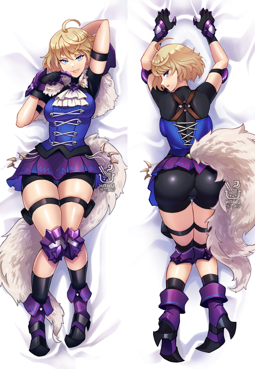 1girls ahoge ascot ass ass_focus bed_sheet big_ass blonde_hair blue_eyes blue_shirt breasts dakimakura_(medium) fake_tail female female fire_emblem fire_emblem_engage from_behind full_body fur_trim gloves hakuramen highres looking_at_viewer looking_back lying medium_breasts merrin_(fire_emblem) multiple_views nintendo on_back shirt short_hair skirt smile solo tail thighs