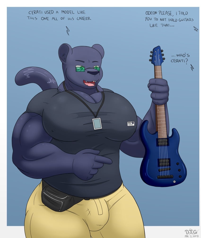 2018 anthro big_pecs black_body black_fur bulge day-tripper-guy dialogue felid feline glasses guitar male muscular muscular_anthro muscular_male nipple_outline pecs simple_background text