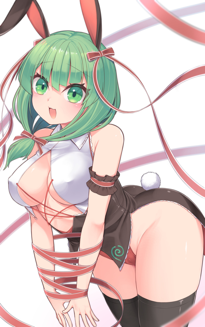 :3 absurdres animal_ears ass black_thighhighs bound bound_arms bow breasts bunny_ears cleavage cowboy_shot fake_animal_ears fake_tail female front_ponytail green_eyes green_hair harunoha highres kagiyama_hina leotard looking_at_viewer open_mouth playboy_bunny red_bow red_ribbon ribbon solo tail thighhighs thighs touhou white_background