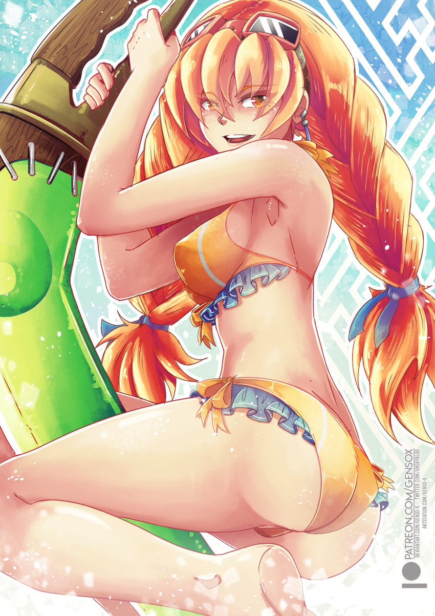 1girls aika_(skies_of_arcadia) ass bangs bikini boomerang breasts female gensox goggles_on_head holding_object long_hair medium_breasts orange_hair sega skies_of_arcadia swimsuit thighs twin_braids