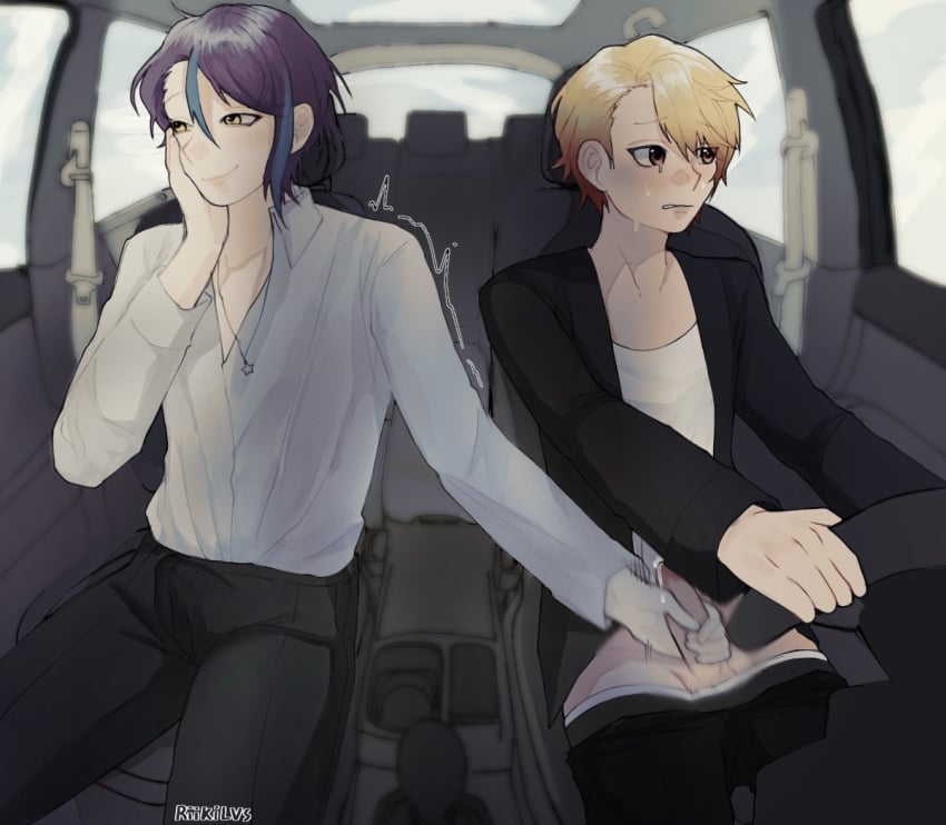 2boys alternate_universe blonde_hair bulge bulge_through_clothing car gay jerking_off jerking_off_another jerkingoff jerkingoff_another kamishiro_rui project_sekai purple_hair tenma_tsukasa yellow_eyes yellow_hair