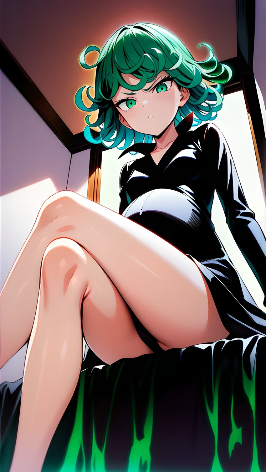 1girls ai_generated bed bedroom black_dress crossed_legs green_eyes green_hair one-punch_man petite pregnant sheets short_hair sitting sitting_on_bed slender slender_legs small_breasts solo straight tatsumaki tiny tsundere viewed_from_below