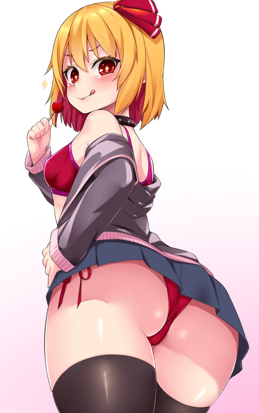 +_+ :q ass bare_shoulders black_collar black_thighhighs blonde_hair blush bra breasts candy chiroshiron closed_mouth collar colored_inner_hair cowboy_shot female food from_behind from_below hair_ribbon hand_on_own_hip highres holding holding_food jersey lollipop long_sleeves looking_at_viewer miniskirt multicolored_hair off_shoulder panties pleated_skirt red_bra red_eyes red_panties red_ribbon ribbon rumia short_hair side-tie_panties simple_background skirt small_breasts smile solo spiked_collar spikes sports_bra standing star-shaped_pupils star_(symbol) symbol-shaped_pupils thighhighs tongue tongue_out touhou two-tone_hair underwear upskirt white_background