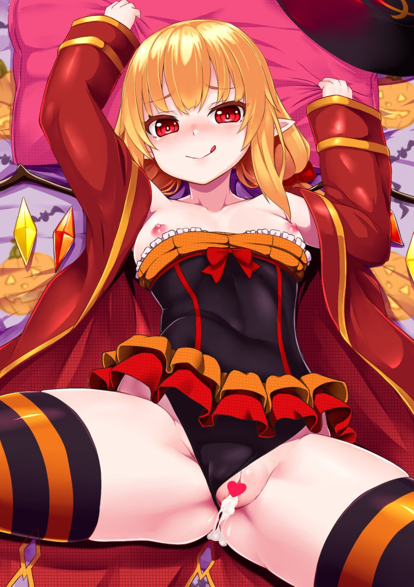 after_sex after_vaginal black_leotard blonde_hair blush breasts breasts_out censored chiroshiron closed_mouth covered_navel crotch cum cum_in_pussy female flandre_scarlet highres leotard long_hair looking_at_viewer lying nipples on_back pillow pillow_grab pointy_ears pussy red_eyes small_breasts smile solo spread_legs striped_clothes striped_thighhighs thighhighs tongue touhou wings