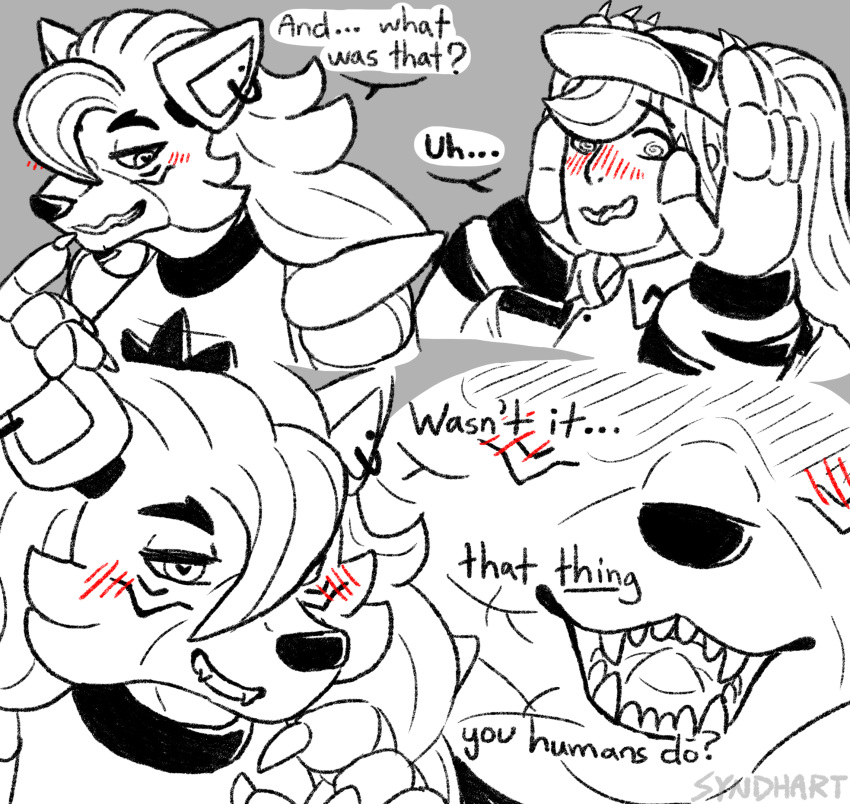 2022 animatronic anthro blush blush_lines canid canine canis clothing collar comic dialogue digital_media_(artwork) duo ear_piercing ear_ring ellipsis english_text female female/female fingers five_nights_at_freddy's five_nights_at_freddy's:_security_breach hand_on_head hat headgear headwear hi_res human machine mammal open_mouth piercing question_mark ring_piercing robot roxanne_wolf_(fnaf) scottgames size_difference steel_wool_studios syndhart teasing teeth text vanessa_(fnaf) wolf