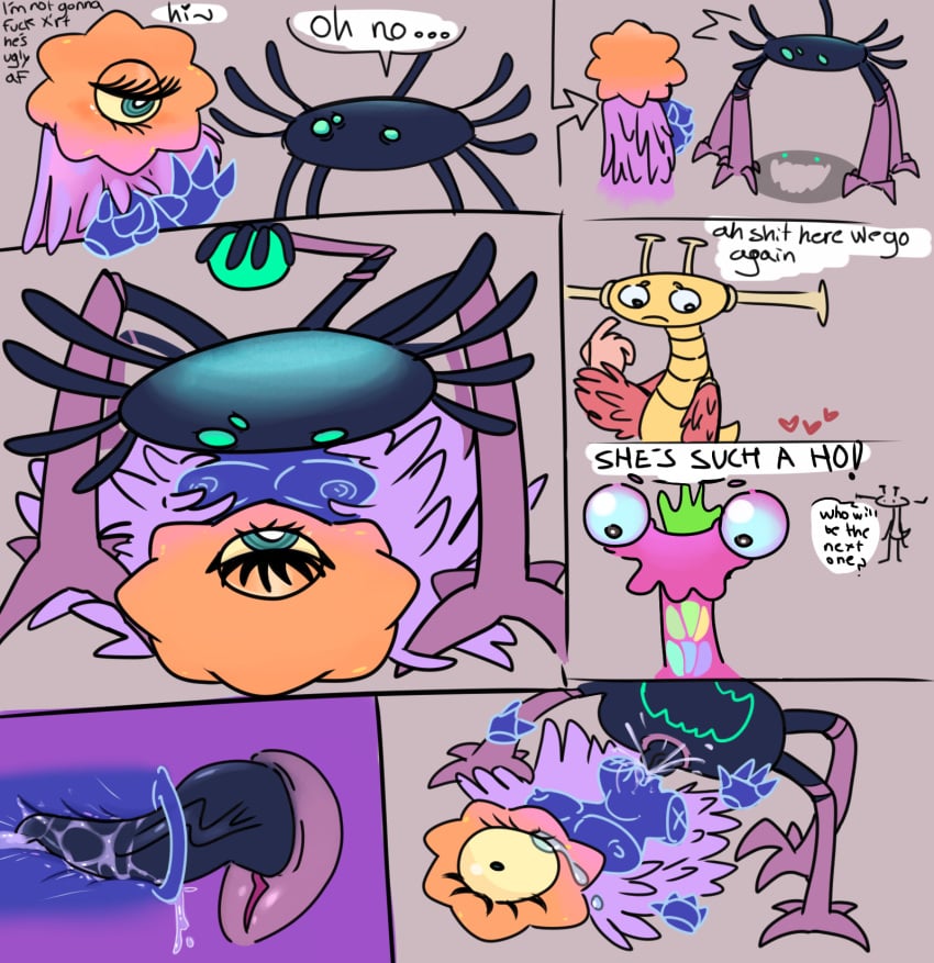 1girls 3boys 4monsters angel angelic anthro arrow_(symbol) auglur big_blue_bubble big_breasts blank_background blue_body blue_eyes blue_sclera breasts bulge comic crying crying_with_eyes_open cumming cuntboy cuntboy_sans_balls cyclops dialogue duo_focus ejaculation fangs feathers half-closed_eyes heart hearts herm hermaphrodite horny_female humanoid internal internal_cumshot intersex male maleherm meebkin monster multi_eye multi_genitalia my_singing_monsters non-human non-human_only one_eye_half-closed painful penetration penis penis_in_pussy pentumbra piplash presenting presenting_breasts pussy ringed_eyes seraph sex shadow simple_background stomach_bulge swiss_(my_singing_monsters) tagme thin_waist tight_pussy vaginal_penetration vaginal_sex voyeur wings yarbeech yellow_sclera