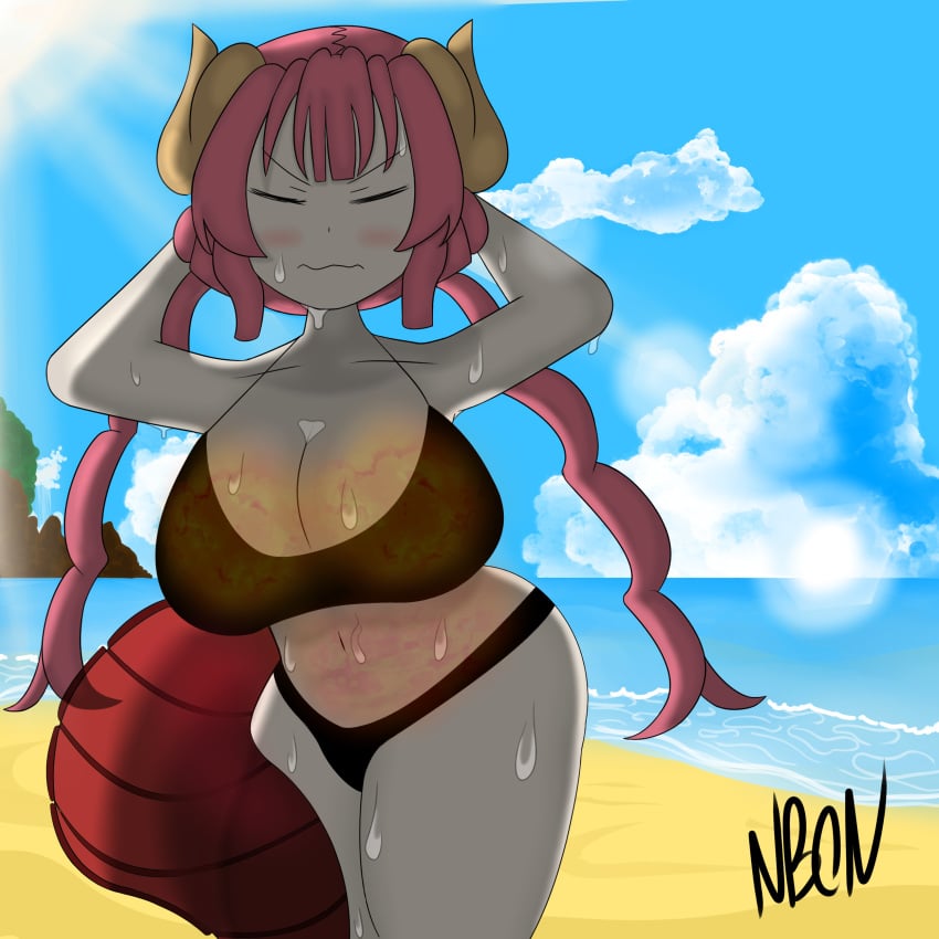 1girls arms_behind_head beach big_ass bikini black_bikini black_string_bikini blue_sky blush cleavage closed_eyes cloud clouds color colored complex_background dragon_girl dragon_horns dragon_tail fart fart_fetish female female_focus female_only fire_fart frown huge_breasts ilulu ilulu_(dragon_maid) ilulu_(maidragon) imminent_fart incoming_fart long_tail long_twintails mexican_food miss_kobayashi's_dragon_maid ocean one_eye_closed red_eyes red_hair short_hair shortstack signature smile smiling struggling sun sweat sweating taco_bell thick_thighs thighs two_piece_swimsuit unusual_fart