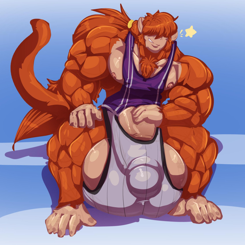 anthro balls bara barazoku big_balls big_muscles big_penis bobert bulge clothing flaccid fully_clothed furry hair_over_eyes male male_only monkey monki_(artistorphy) muscles muscular orange_fur penis sitting solo solo_male tail