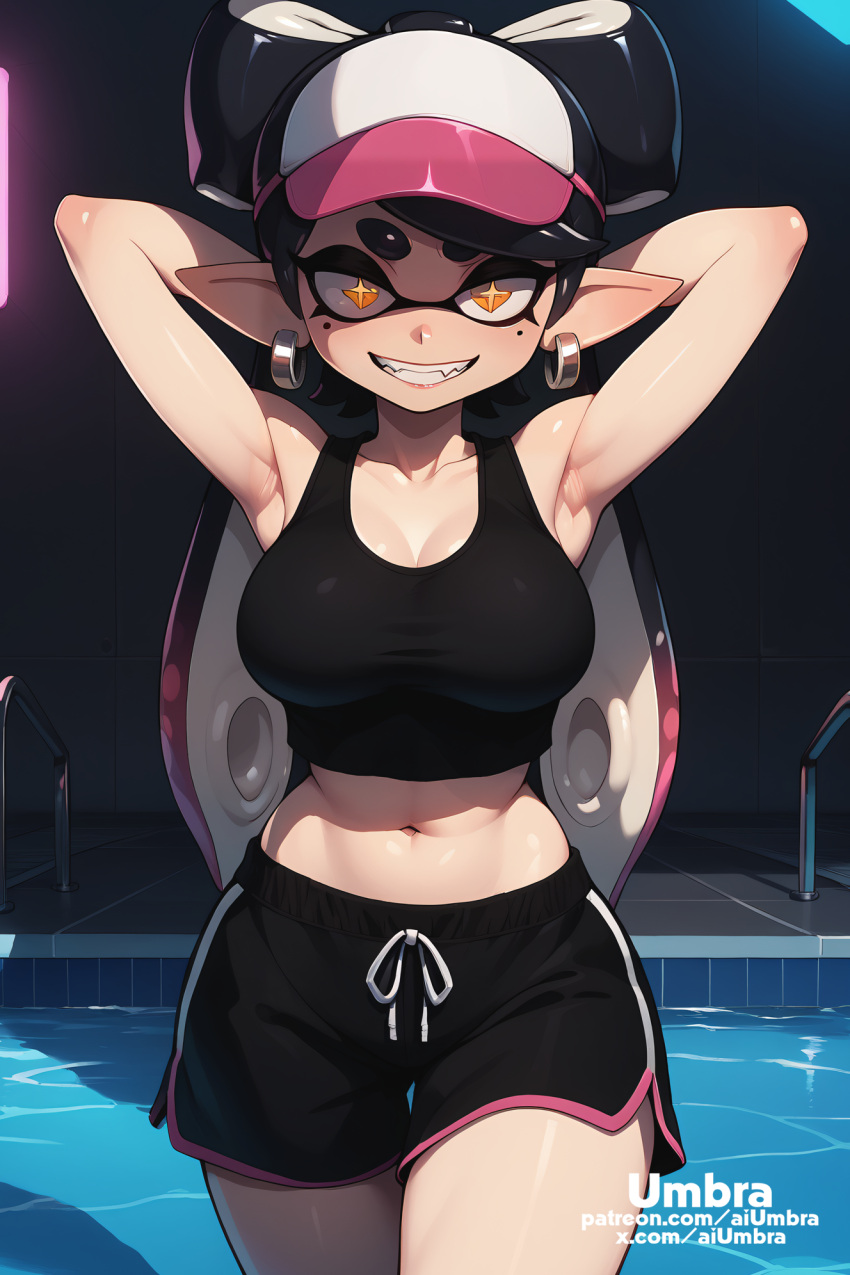 1girls abs ai_generated aiumbra alternate_costume armpit_crease armpit_fetish armpit_peek armpit_pose armpit_sex_invitation armpits arms_up beauty_mark callie_(splatoon) cap clothed_female goth goth_girl grin high_resolution highres horny inkling inkling_girl large_breasts light-skinned_female light_skin looking_at_viewer midriff naughty_face presenting_armpit presenting_armpits self_upload smile smiling smug solo solo_female splatoon splatoon_(series) stable_diffusion stomach tentacle_hair