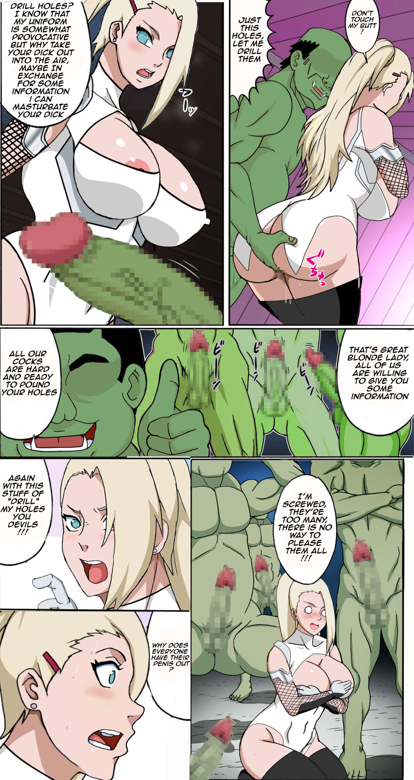 1girls comic gangbang gangbang_imminete imminent_rape ino_yamanaka multiple_boys naruho naruto orc orc_male taimanin_(series) taimanin_suit text text_bubble