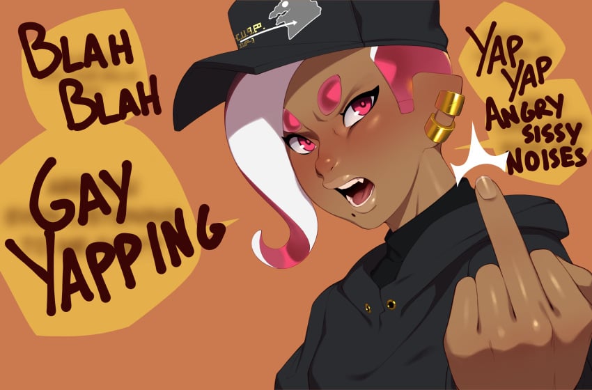 1boy absurd_res baseball_cap brat cap combos-n-doodles dark-skinned_male dark_skin dialogue ear_piercing earrings english_text femboy hat hoodie looking_at_viewer male male_only middle_finger mole mole_under_mouth nintendo octoling octoling_boy pointy_ears red_eyes red_hair sissy speech_bubble splatoon splatoon_2 takoko_yakisoba_(combos_&_doodles) talking_to_viewer