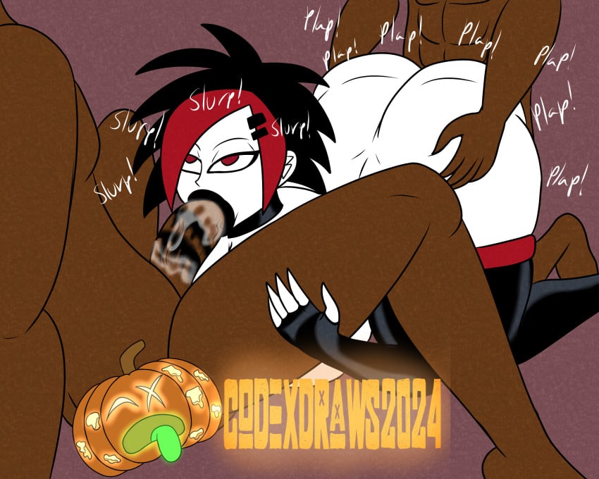 1girls 2boys argent_(dc) black_lipstick black_penis cartoon_network choker codexdraws dark-skinned_male dc dc_comics elbow_gloves goth goth_girl huge_ass huge_cock implied_vaginal interracial latex_thighhighs lipstick_smear red_eyes spitroast teen_titans two_tone_hair white_skin