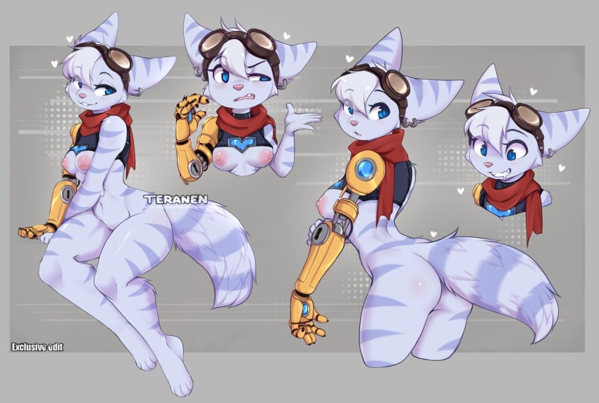 1girls animal_ears anthro areolae ass blue_eyes breasts drooling earrings female female_only fur furry furry_tail glasses_on_head heart hi_res light_blush lombax mostly_nude nipples ratchet_and_clank ratchet_and_clank:_rift_apart rivet_(ratchet_and_clank) robotic_arm scarf smiling solo sony_interactive_entertainment tail teeth_clenched teranen watermark