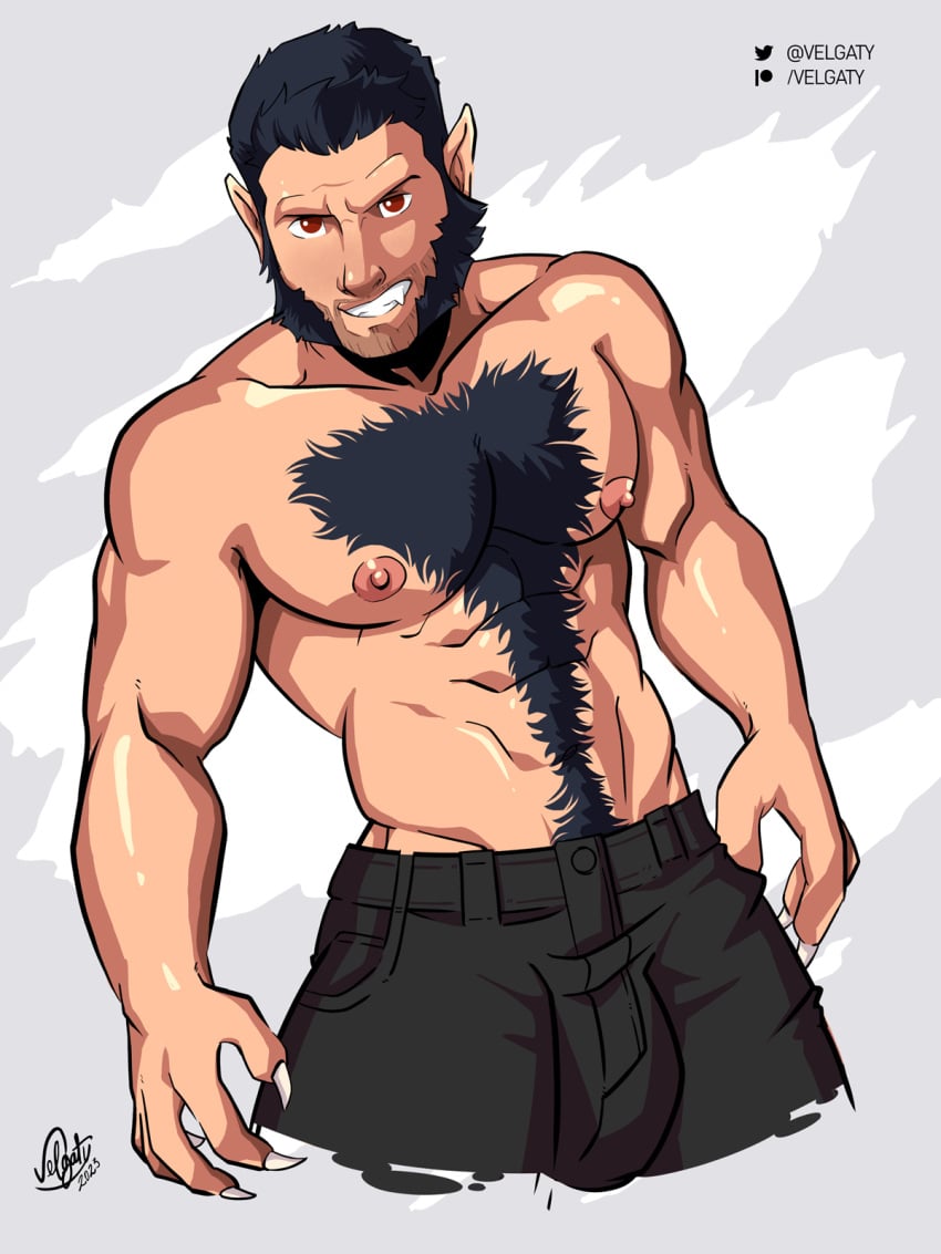 1boy bara beard bulge clothing derek_hale hairy_chest looking_at_viewer male male_nipples male_only muscular_male nipples penis_outline teen_wolf tight_clothing velgaty werewolf