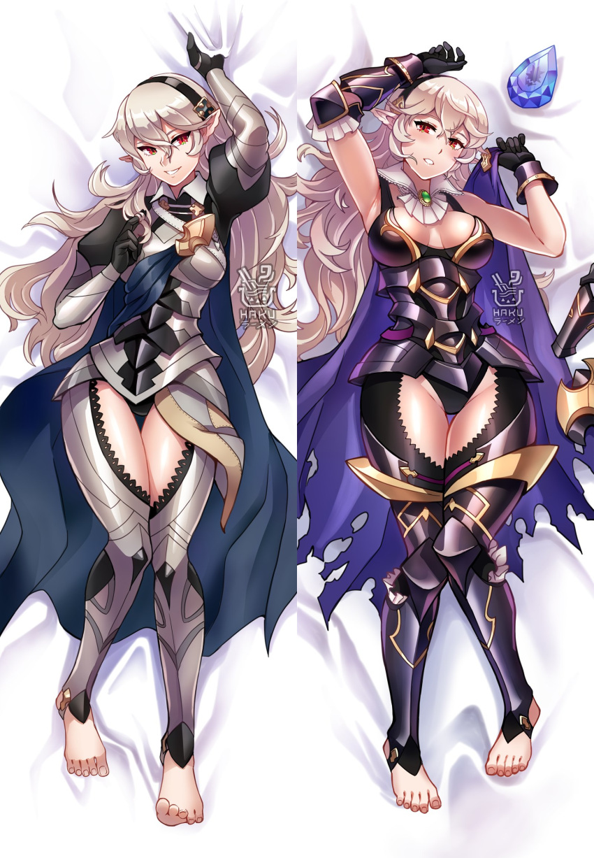 1girls alternate_costume armor armored_leotard armpits arms_up bare_thighs barefoot bed_sheet black_armor black_gloves black_hairband black_panties blue_cape breasts cape chaps cleavage corrin_(female)_(fire_emblem) corrin_(female)_(nohr_noble)_(fire_emblem) corrin_(fire_emblem) corrin_(fire_emblem)_(female) dakimakura_(medium) dragonstone female female_only fire_emblem fire_emblem_fates fire_emblem_heroes gloves hairband hakuramen highres inner_thighs knees_together_feet_apart looking_at_viewer lying multiple_views nintendo official_alternate_costume on_back panties pointy_ears purple_cape smile thighs underwear unworn_armor