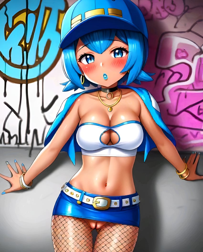 1girls age_progression aged_up ai_generated ai_hands aifurryv2 alternate_breast_size alternate_costume alternative_bust_size alternative_skin_color belt blue_eyes blue_hair blue_lipstick blue_nail_polish blue_nails blue_skirt blush boob_window collar crop_top fingernails fishnet_legwear fishnet_stockings fishnets game_freak golden_collar graffiti gyaru jacket_on_shoulders kissing lana_(pokemon) lipstick looking_at_viewer medium_breasts miniskirt nail_polish no_bra no_panties pokemon pokemon_(anime) pokemon_sm prostitute prostitute_clothes prostitution skirt solo solo_female solo_focus tan_body vagina_peek younger_female