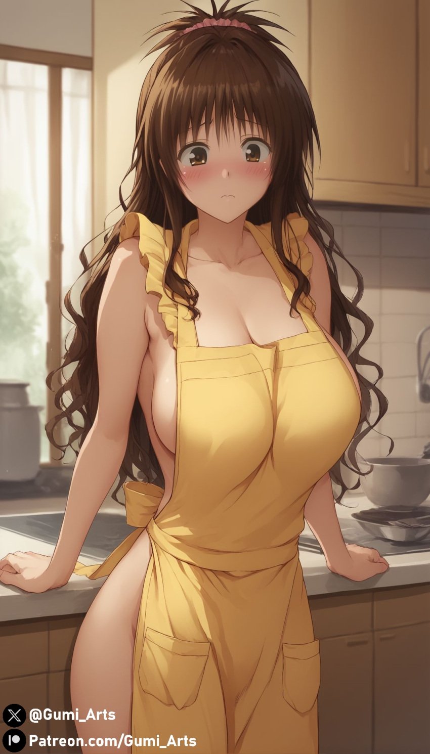 ai_generated apron blush brown_eyes brown_hair gumi_arts hair_ornament indoors kitchen large_breasts long_hair looking_at_another naked_apron shy solo stable_diffusion thick_thighs to_love-ru to_love-ru_darkness to_love-ru_darkness_2nd yuuki_mikan