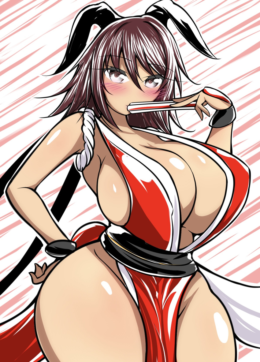 1girls artist_request bare_legs bare_shoulders blush breasts cosplay curvy fatal_fury female female_only hair_ribbon highres huge_breasts king_of_fighters mai_shiranui mai_shiranui_(cosplay) mizuki_shiranui name_connection no_bra no_panties no_underwear revealing_clothes ribbon shiny_skin snk solo standing tagme taimanin_(series) taimanin_yukikaze