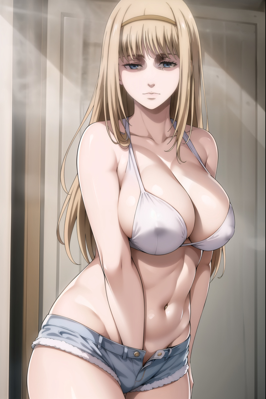 1milf ai_generated attack_on_titan blonde_hair blue_eyes female hands_in_panties hjqjjwbeb large_breasts looking_at_viewer masturbation milf shingeki_no_kyojin shorts solo ymir_fritz