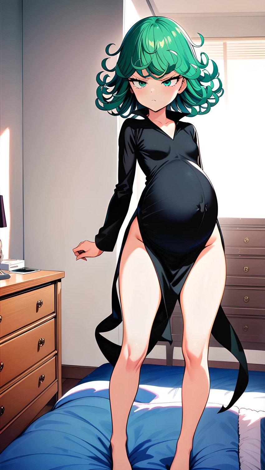 1girls ai_generated bed bedroom black_dress green_eyes green_hair one-punch_man petite pregnant short_hair slender slender_legs small_breasts solo straight tatsumaki tiny tsundere