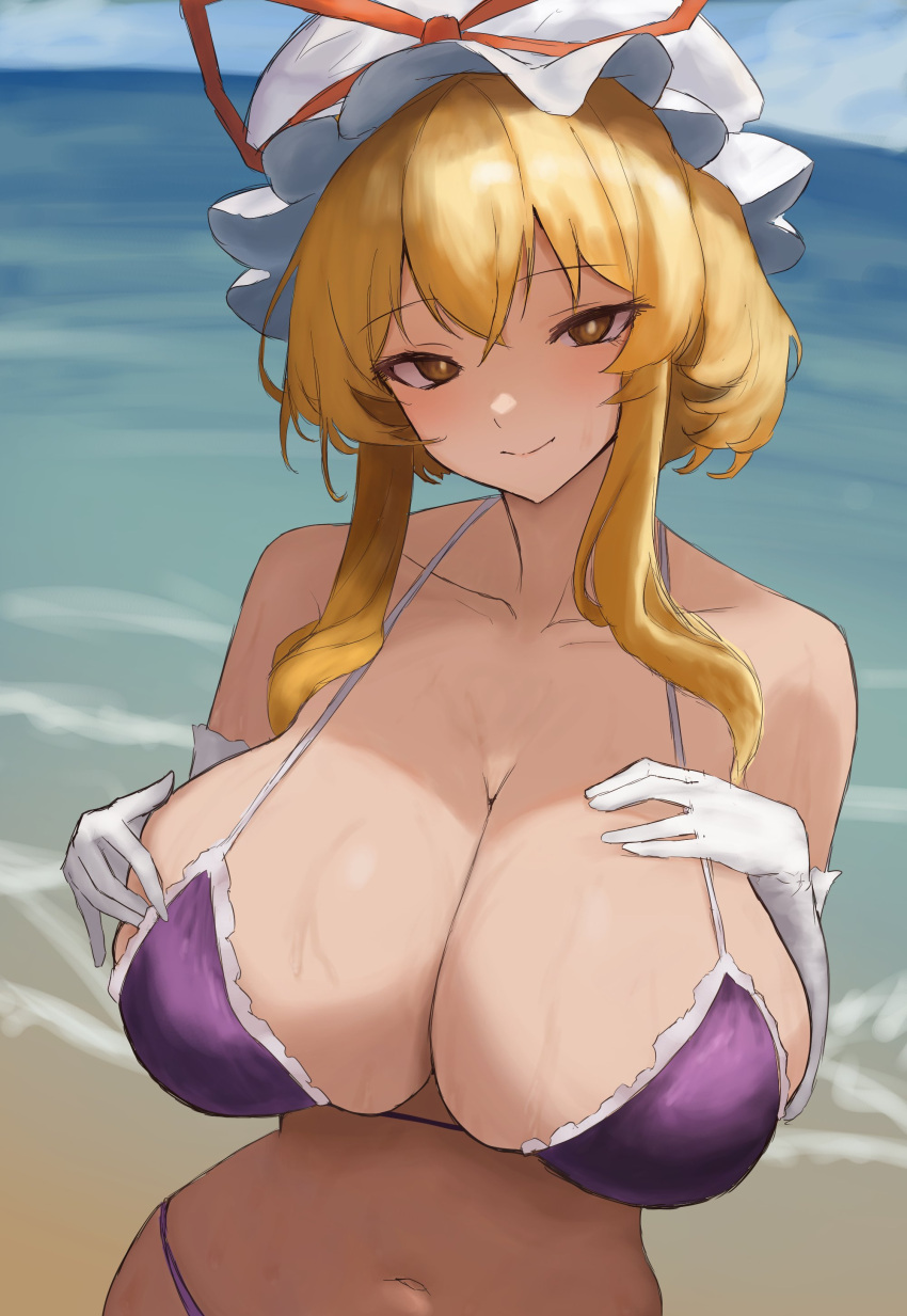 absurdres bare_shoulders beach big_breasts bikini blonde_hair blue_sky breasts cleavage collarbone crossed_bangs elbow_gloves enormous_breasts female frilled_bikini frills gloves hair_bun hands_on_own_breasts hands_up hat highres huge_breasts looking_at_viewer mature_female medium_hair milf mob_cap moriforest1040 navel outdoors purple_bikini purple_eyes red_ribbon ribbon sidelocks sky smile solo standing stomach swimsuit touhou upper_body wet white_gloves white_hat yakumo_yukari yukari_yakumo