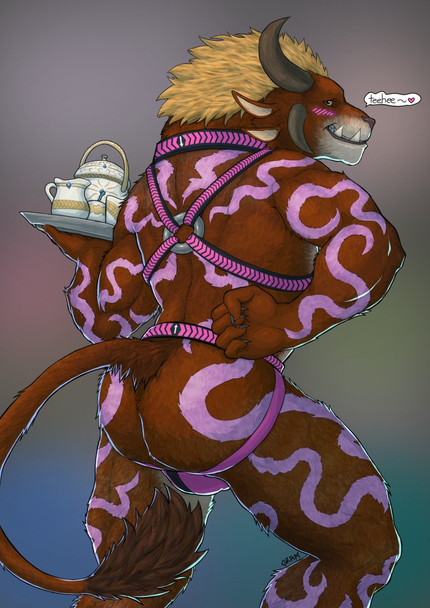 anthro ass beverage charr clothing exhibitionism felid fur_pattern gramworks guild_wars harness hi_res jockstrap male male_only mammal milo_goldenheart pinup pose raised_tail serving_beverage solo tail tea teasing underwear