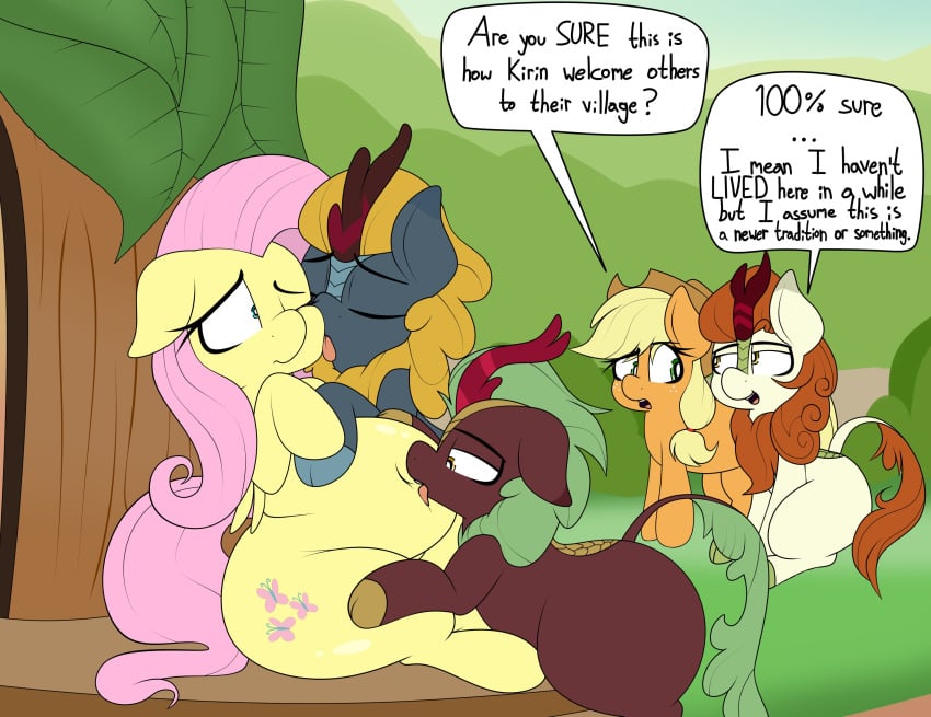 applejack_(mlp) belly belly_fetish belly_lick belly_worship blitzy_flair chubby chubby_female dialogue dialogue_box fluttershy_(mlp) licking licking_face my_little_pony