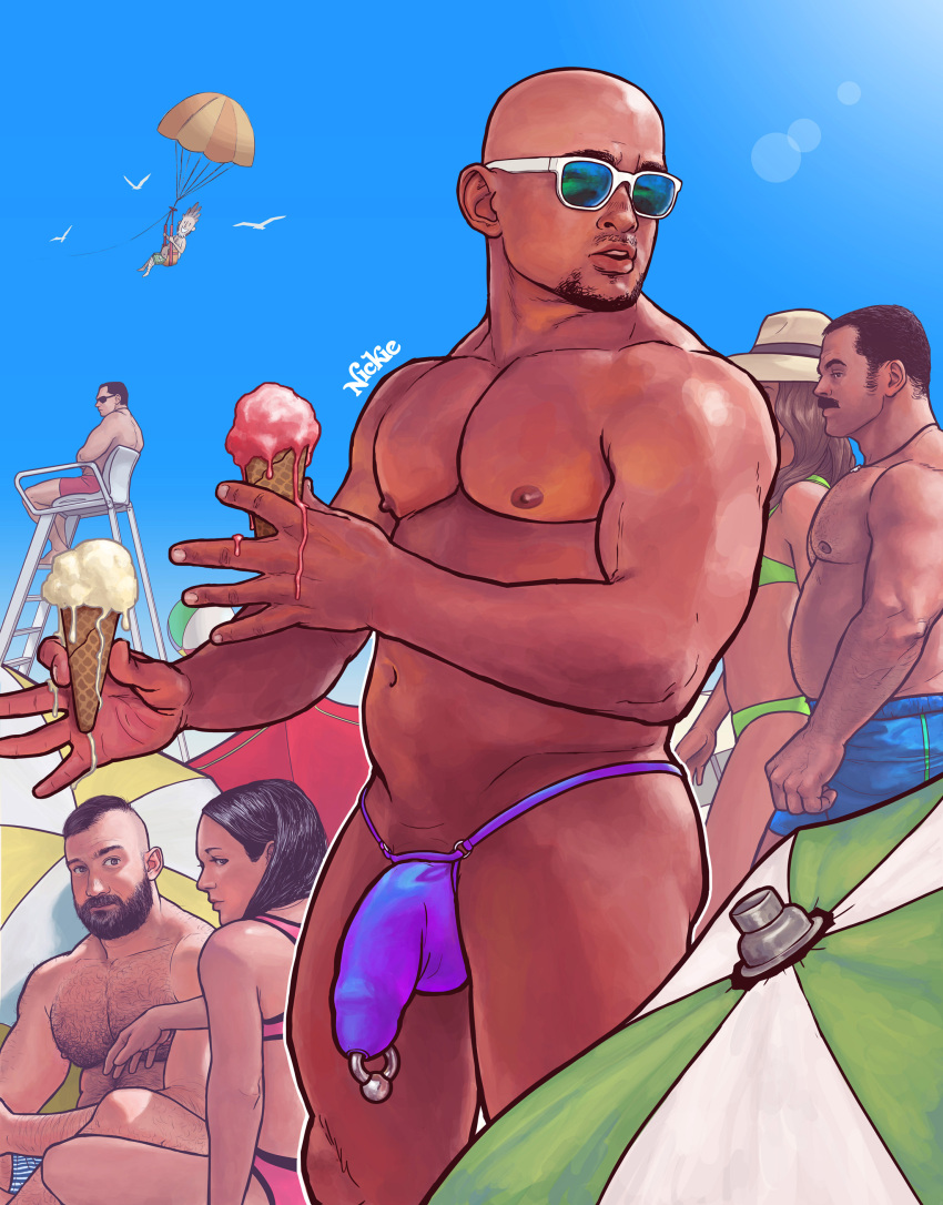 2022 2females 2girls 2women 5boys 5males 5men beach beach_umbrella beefy big_dick_energy black_hair bulge_through_clothing dad_bod female himbo ice_cream ice_cream_cone lifeguard male male_focus muscles muscular muscular_male nickie_charles nonsexual outdoors parachuting penis_piercing petite petite_body petite_female petite_girl public sunglasses swimsuit