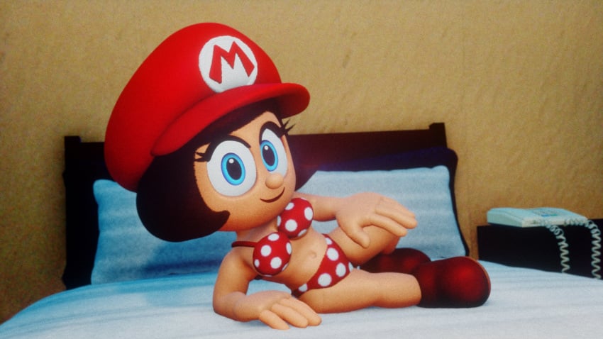 1girls 3d bedroom bikini cute dreams female_focus looking_at_viewer lying_on_side maria mario_(series) nintendo on_bed pokadots rule_63 smellslikebuter super_mario_bros.