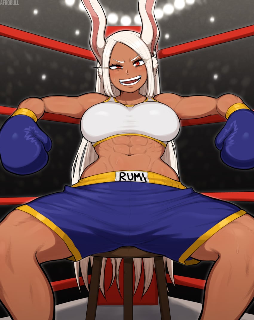 1girls abs afrobull alternate_version_available angry_eyes arena biceps big_breasts big_thighs blue_boxing_gloves blue_gloves blue_shorts boxing boxing_gloves boxing_ring boxing_shorts breasts bunny_ears clothing curvy dark-skinned_female dark_skin female female_only fighting_ring long_hair looking_at_viewer midriff miruko muscular my_hero_academia name_on_clothing open_mouth red_eyes rumi_usagiyama shorts sitting sitting_on_stool solo sports_bra stool sweatdrop thick thick_hips thick_thighs thighs white_hair white_sports_bra wide_hips