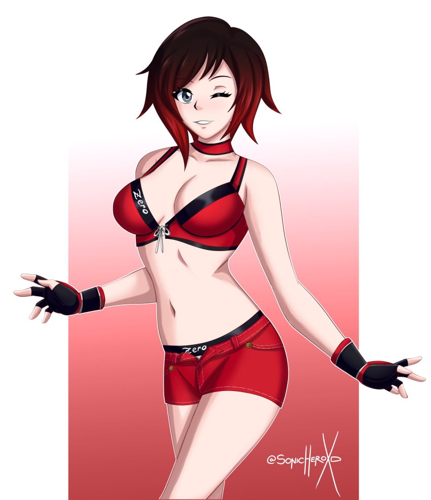 2d alternate_costume artist_name breasts female female_only light-skinned_female light_skin looking_at_viewer one_eye_closed pale-skinned_female pale_skin reiko_hinomoto ruby_rose rumble_roses rwby solo sonicheroxd watermark