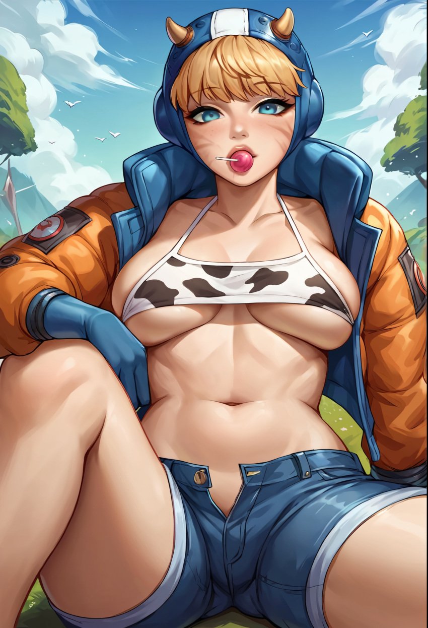 ai_generated apex_legends blonde_hair blue_eyes breasts cow_horns cow_pattern crop_top hjqjjwbeb horns jacket licking_lollipop lollipop looking_at_viewer shorts wattson_(apex_legends)