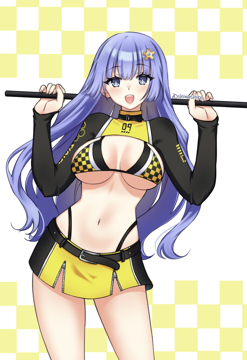 belly belly_button bikini_top breasts cleavage collar date_a_live female female_only fully_clothed grey_eyes grey_hair izayoi_miku light-skinned_female race_queen racing_suit revealing_clothes skimpy_clothes solo solo_female thighs thong_straps underboob