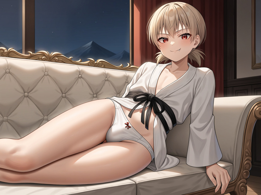 1boy ai_generated bulge couch erection fang femboy genderswap_(ftm) hellsing hjqjjwbeb leaning looking_at_viewer loveseat lying male male_only night night_sky on_couch otoko_no_ko rule_63 seras_victoria smile smiling_at_viewer solo white_panties