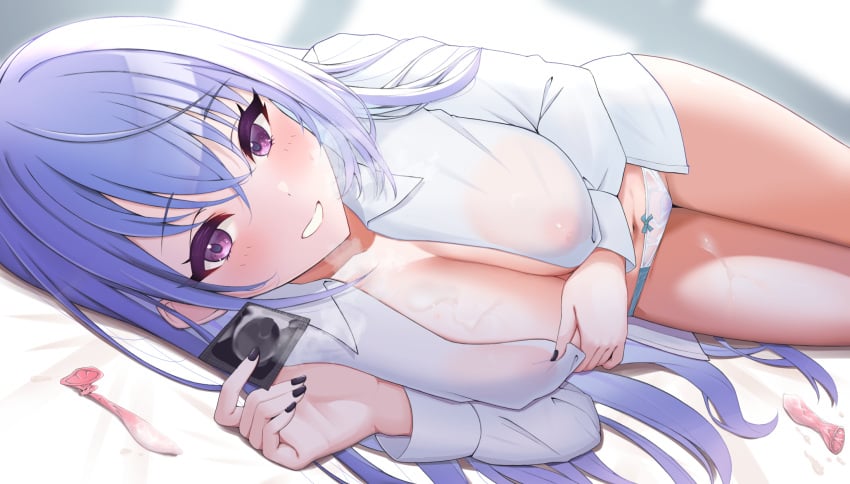 1girls blue_hair blush breasts commission condom covered_nipples cum cum_on_body feet_out_of_frame female fingernails highres holding holding_condom idolmaster idolmaster_shiny_colors large_breasts light-skinned_female light_skin looking_at_viewer lying nail_polish navel on_side open_clothes open_shirt panties pixiv_commission pointless_condom purple_eyes ribbon-trimmed_panties shirt smile solo suzuki_hana torikun underwear unopened_condom_wrapper used_condom white_panties white_shirt