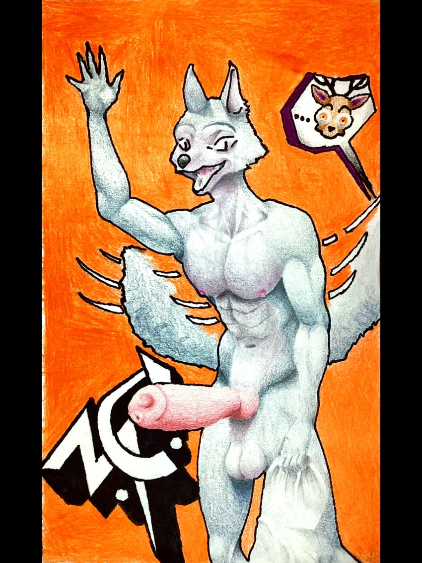 animal_genitalia animal_penis anthro antlers beastars big_penis brown_body brown_fur canid canine canine_genitalia canine_penis canis deer duo fur genitals grey_body hi_res horn legoshi_(beastars) louis_(beastars) male male/male mammal marthan_crowl_(artist) netflix orange_background penis simple_background surprise wolf