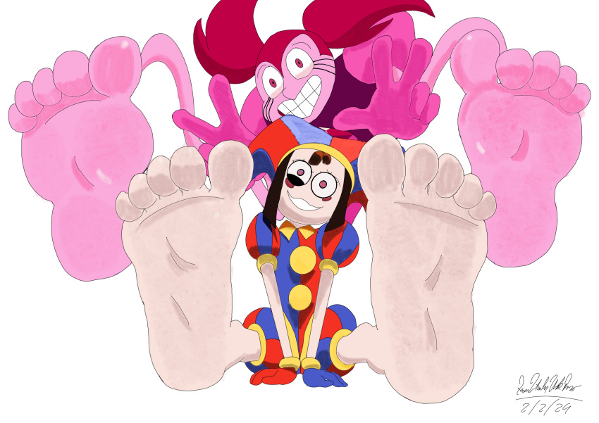 barefoot big_feet cartoon_network clown clown_girl crossover digital_drawing_(artwork) elongation extended_legs feet foot_fetish foot_focus gem_(species) pink_skin pomni_(the_amazing_digital_circus) smiling smiling_at_viewer spinel_(steven_universe) steven_universe steven_universe:_the_movie steven_universe_future the_amazing_digital_circus